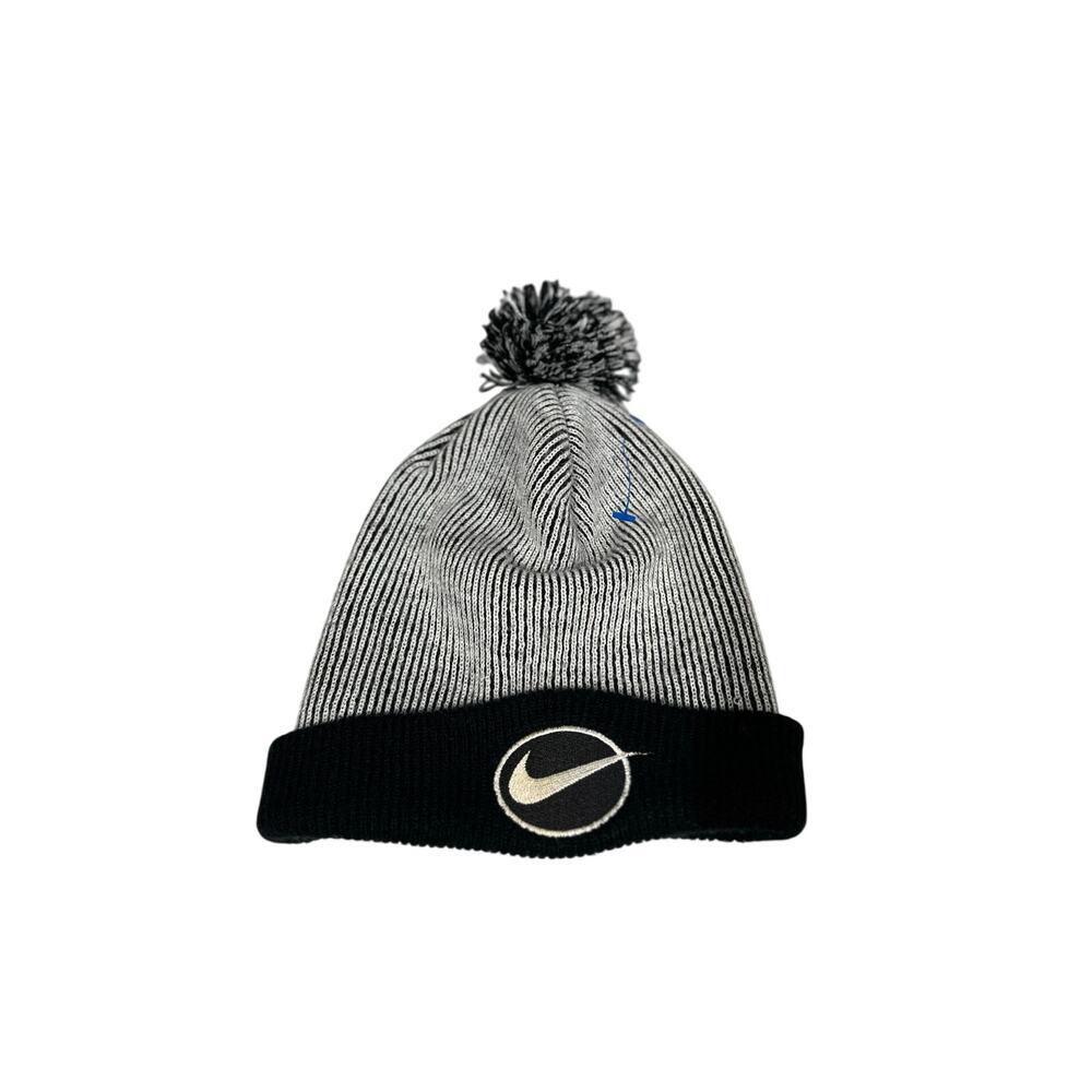 Nike Pom Beanie Winter Knit Hat Black Gray Stripe Embroidered Swoosh Taiwan